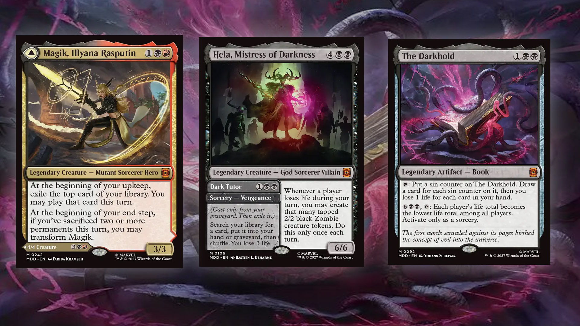 Three headliner cards from the Magic: The Gathering/Marvel crossover Darkhold Destiny Magik, Ilyana Rasputin, Hela, Mistress of Darkness, and The Darkhold.