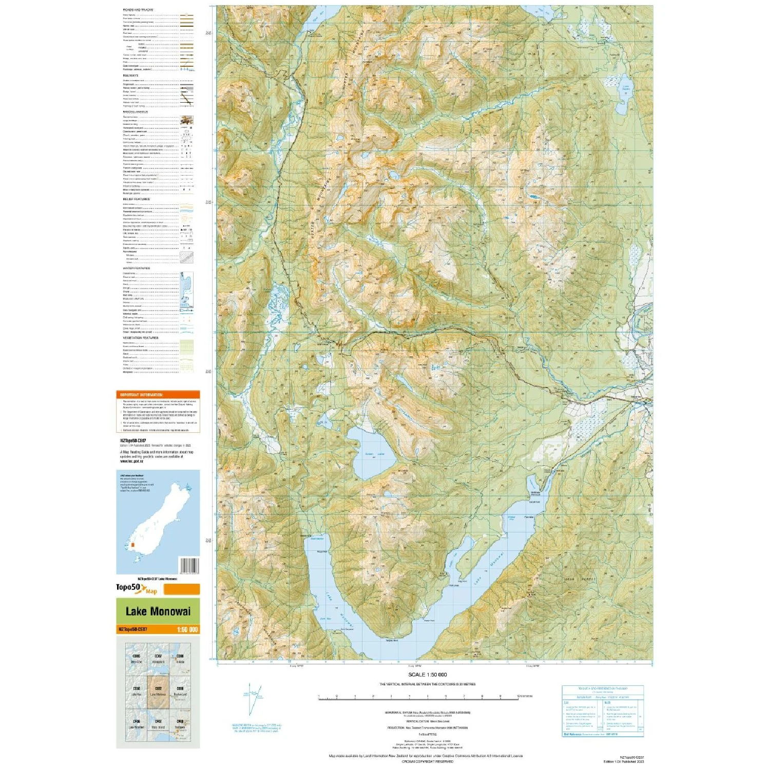 Topo50 Topographic map of Lake Monowai and elevation details.