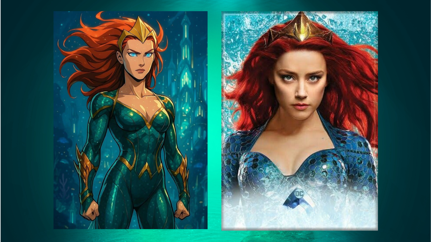 Side-by-side comparison of Princess Mera illustration and Amber Heard as Mera, showing cosplay posing and Atlantean royal presence