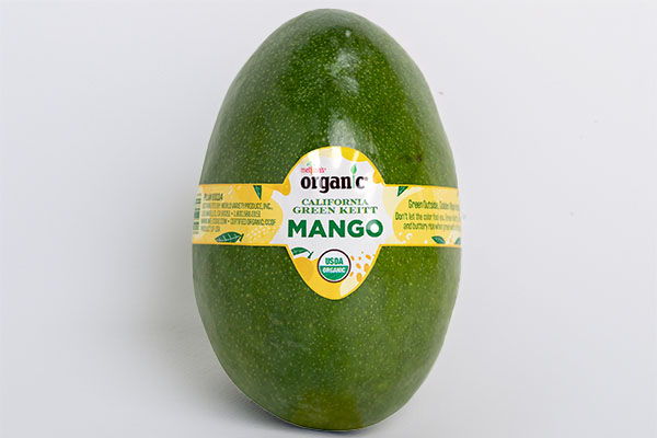 Green mango with a yellow label displaying product information.