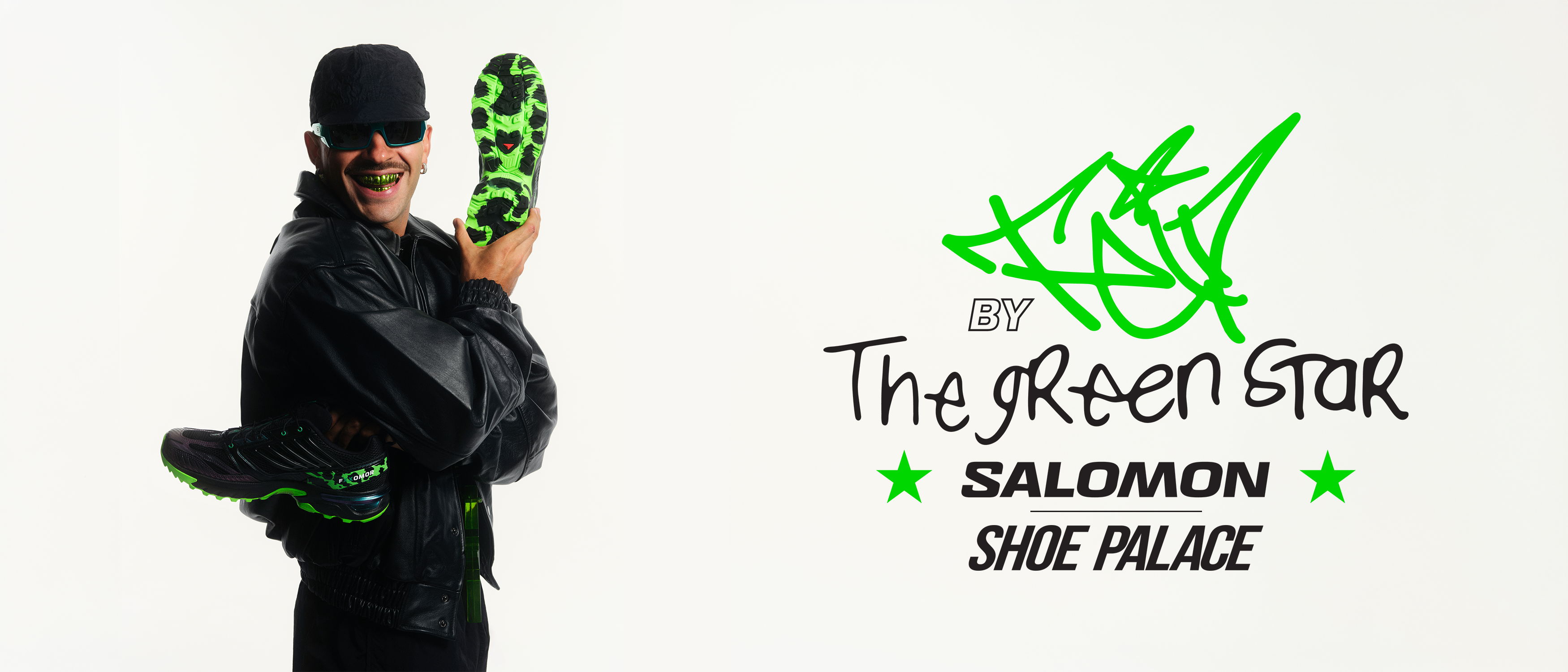 Person holding a shoe, with text about Salomon and The Green Star.