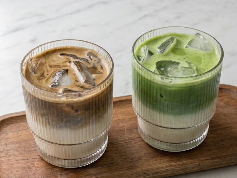 A Roasted Matcha Latte and a Matcha Latte on a wooden tray.