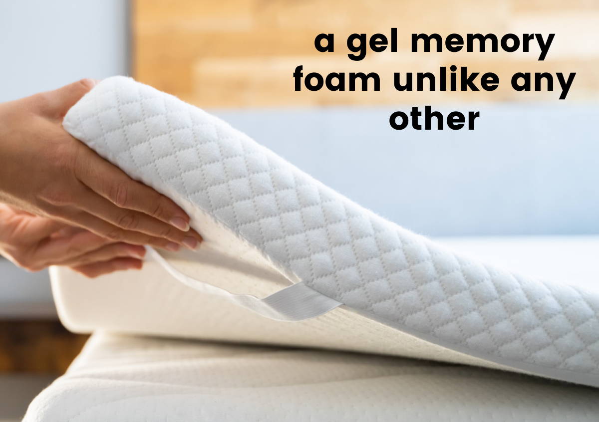 Hands placing a mattress topper onto a bed with a gel memory foam unlike any other as it is nfused with calming CBD or copper