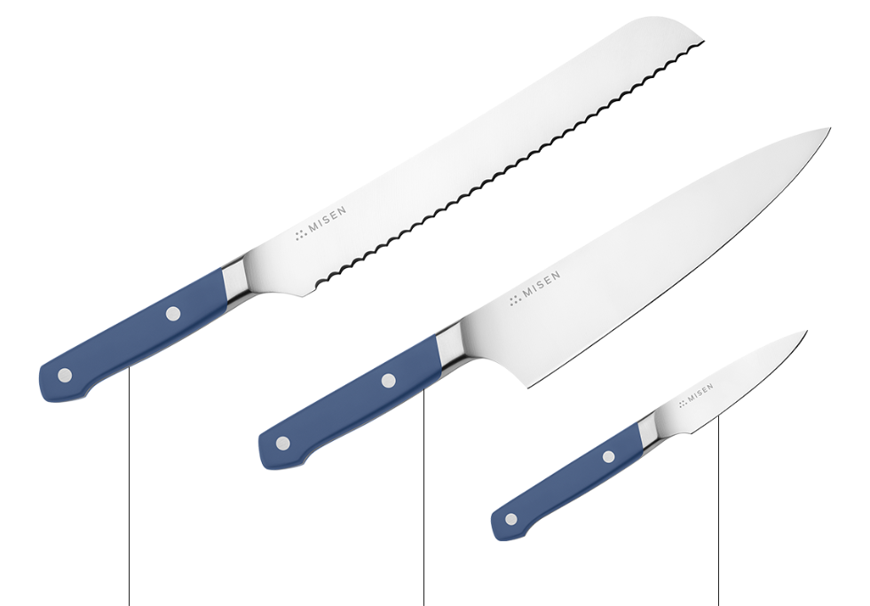The Misen Essentials Knife Set has three pieces and includes a Chef's Knife, a Serrated Knife and a Paring Knife.