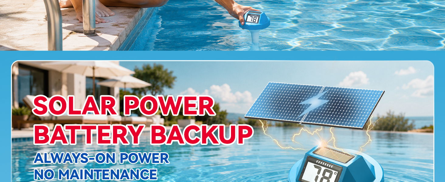 Person by pool demonstrating solar power battery backup system.