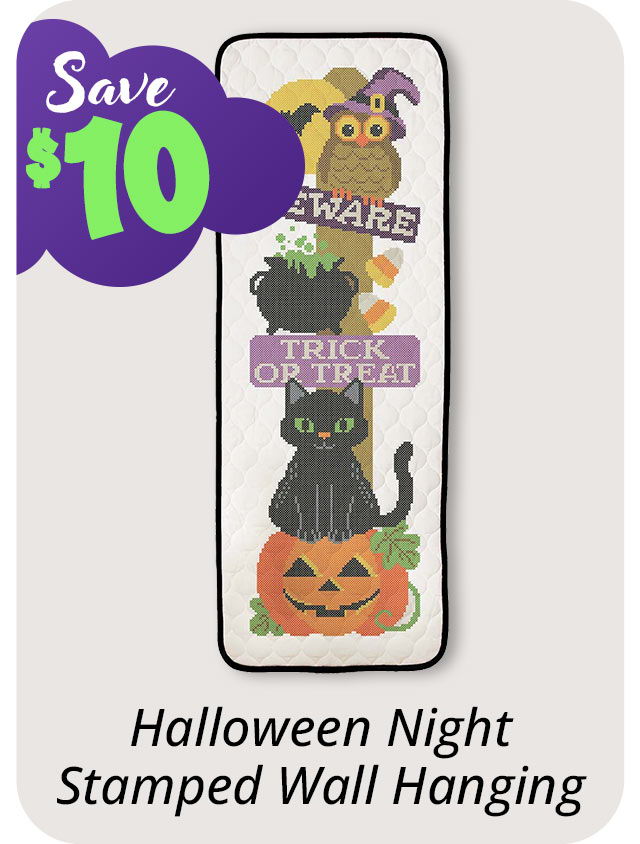 Halloween Night Stamped Wall Hanging with cat, pumpkin, and owl designs. Save $10