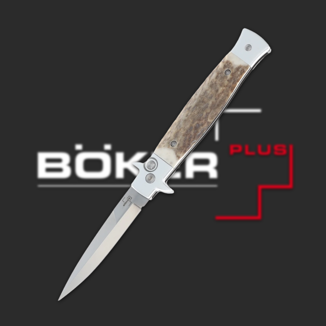 Folding knife with a silver blade and wooden handle on a dark background.