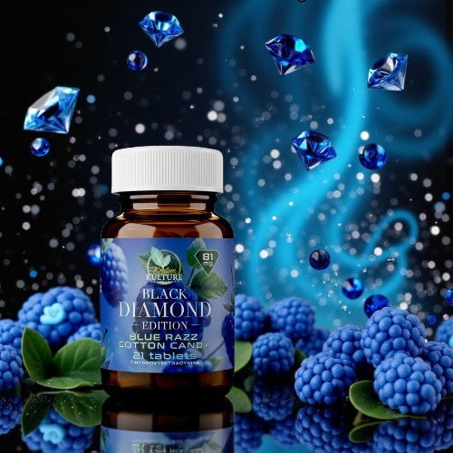 Bottle of blue dietary supplement surrounded by berries and sparkling elements.