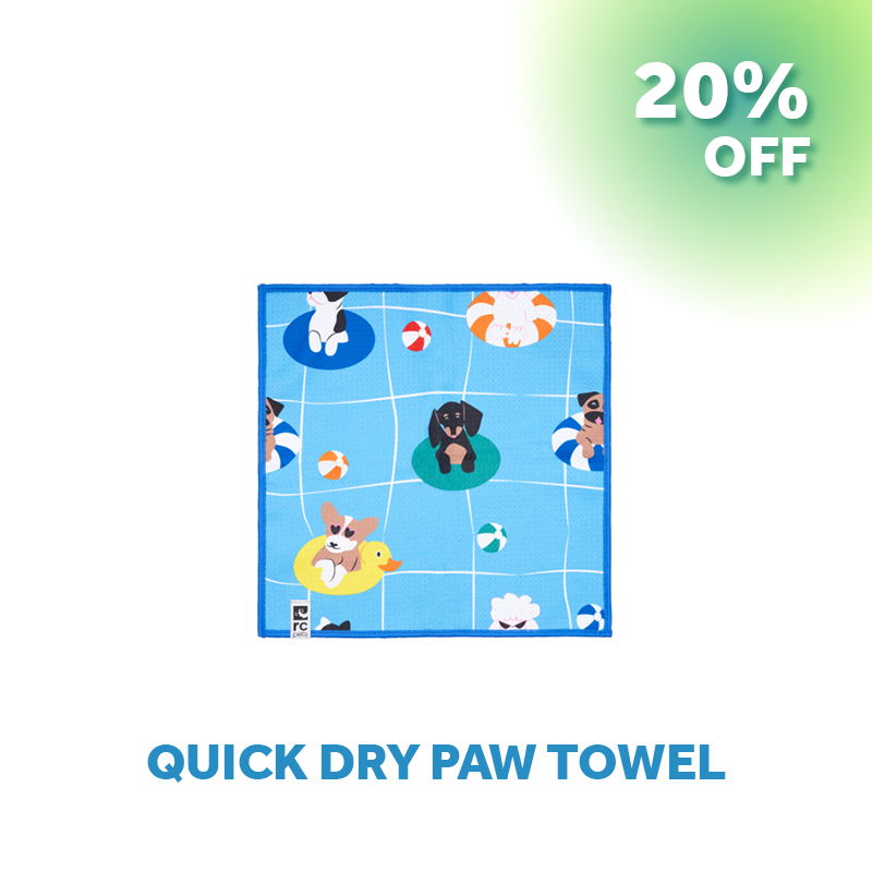 Quick dry paw towel with animals and 20% off promotion.
