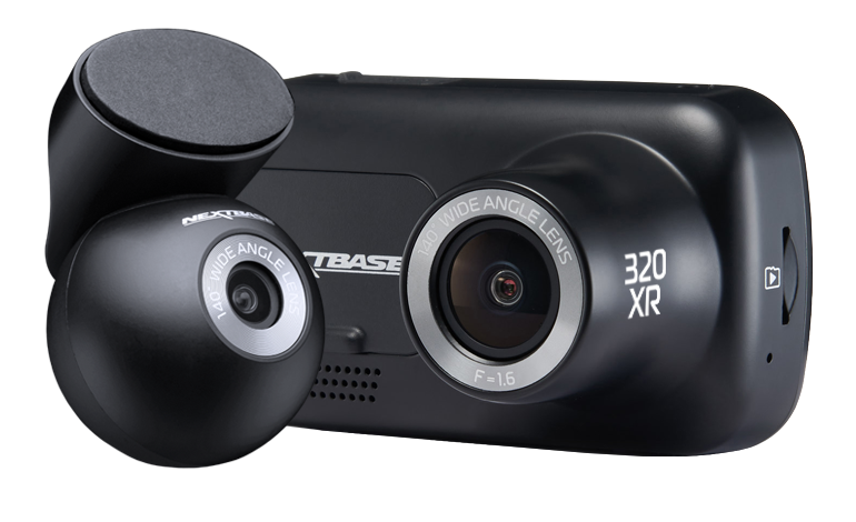 A black dashcam with a spherical lens attachment.