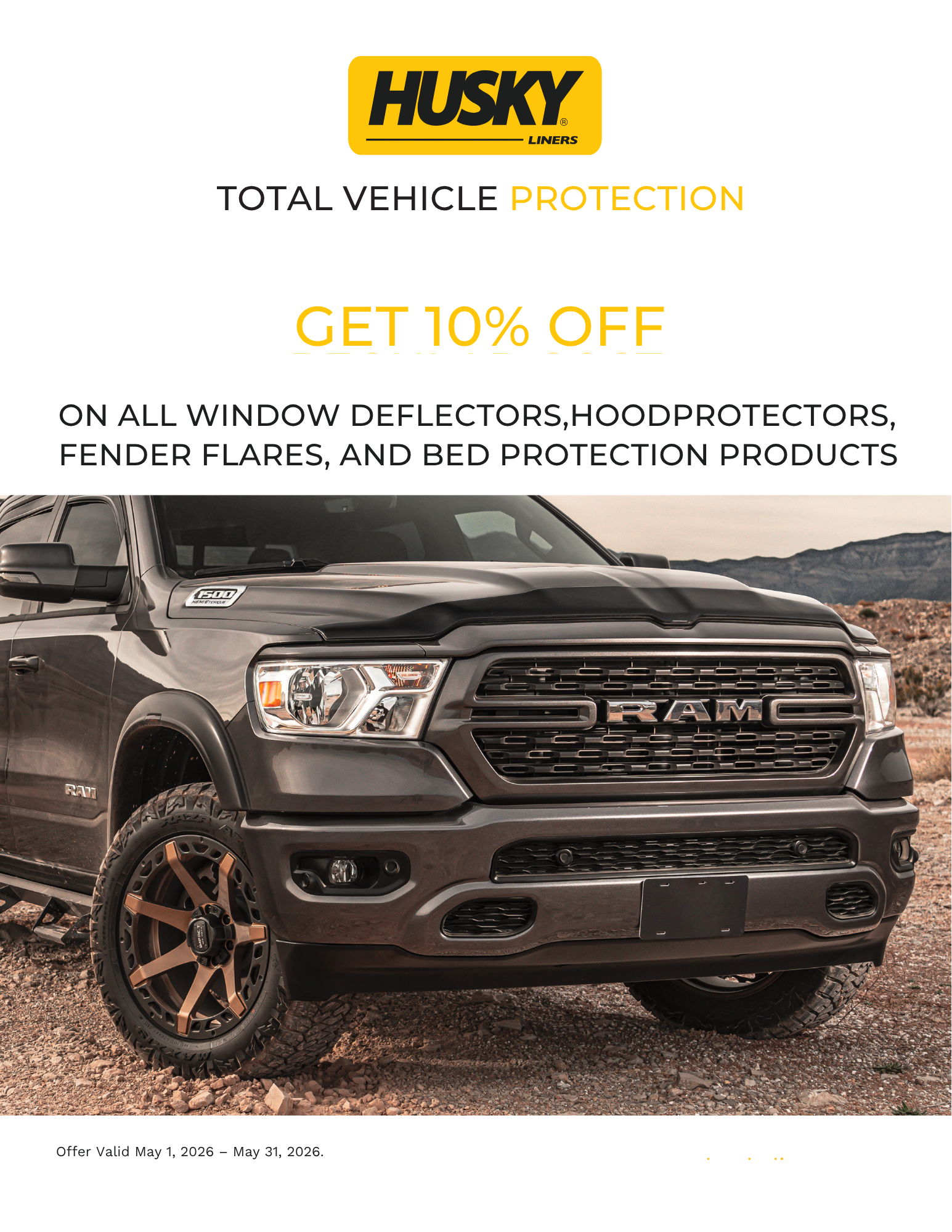 Husky vehicle protection advertisement offering 10% off various products.