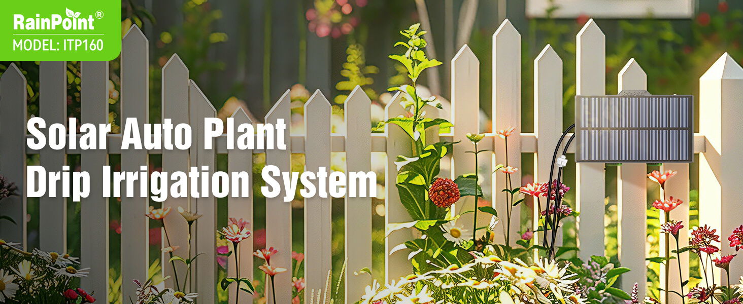 Solar Auto Plant Drip Irrigation System with flowers and a white fence.