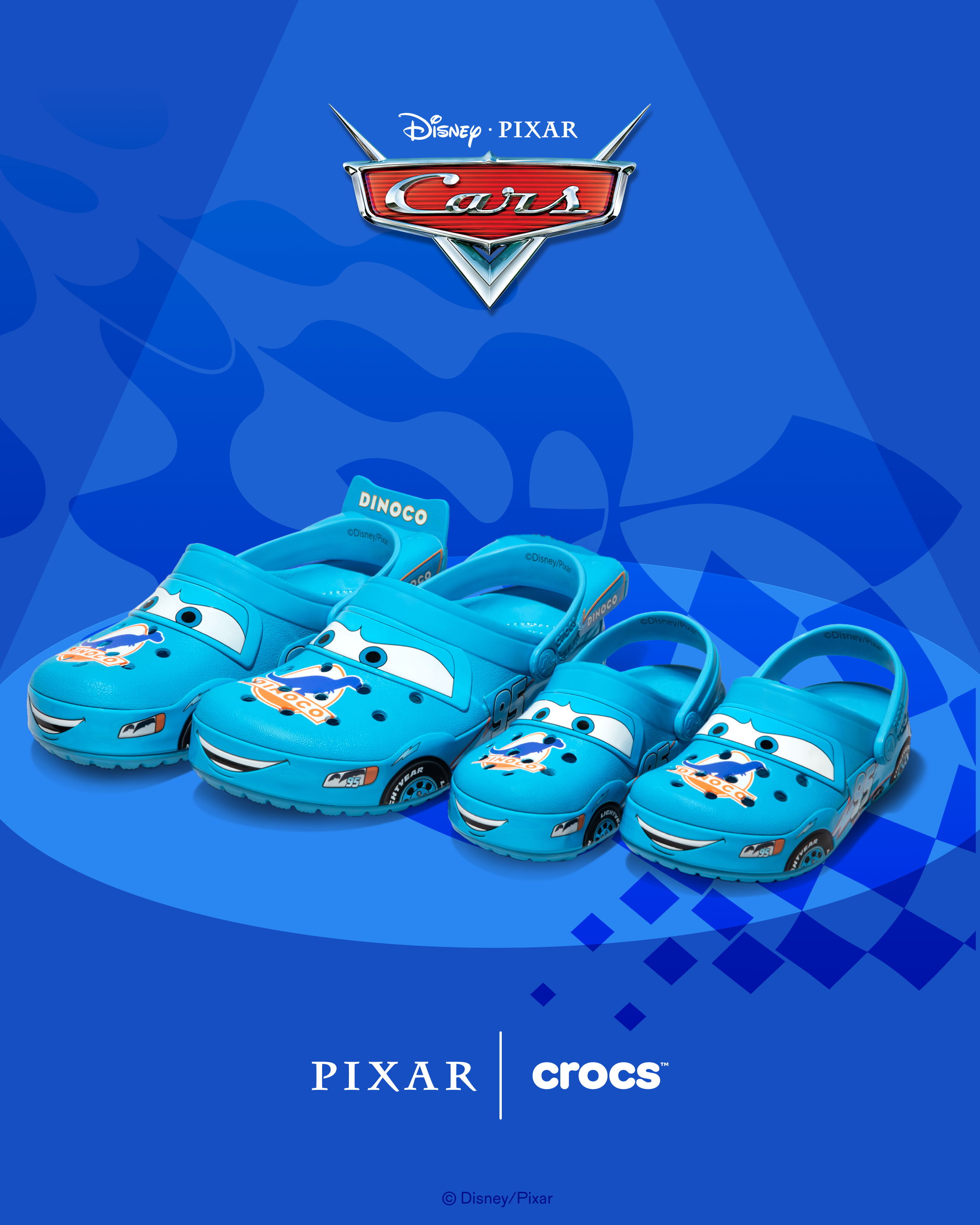 Blue Crocs featuring Disney Pixar Cars characters on a blue background.