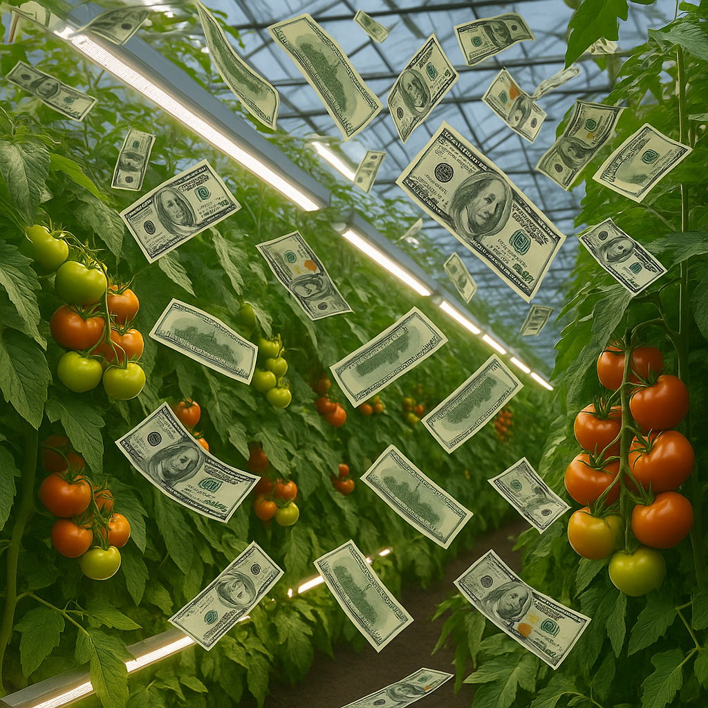 Money falling in a greenhouse