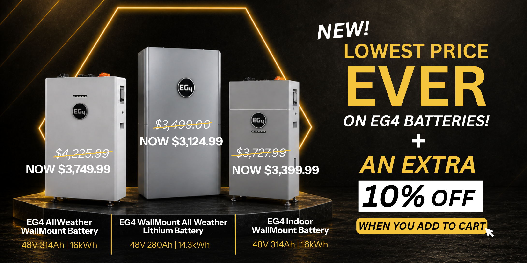 Promotional banner for EG4 batteries with pricing and discount information.