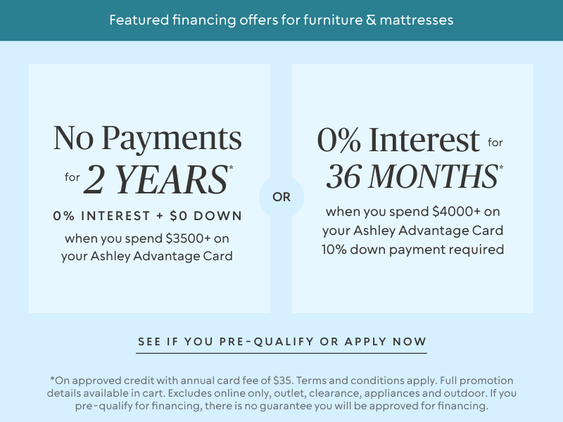 Financing offers for furniture and mattresses with no payments or interest options.