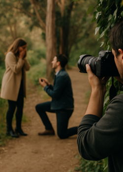 Photographer secretly capturing a surprise marriage proposal in an outdoor setting.