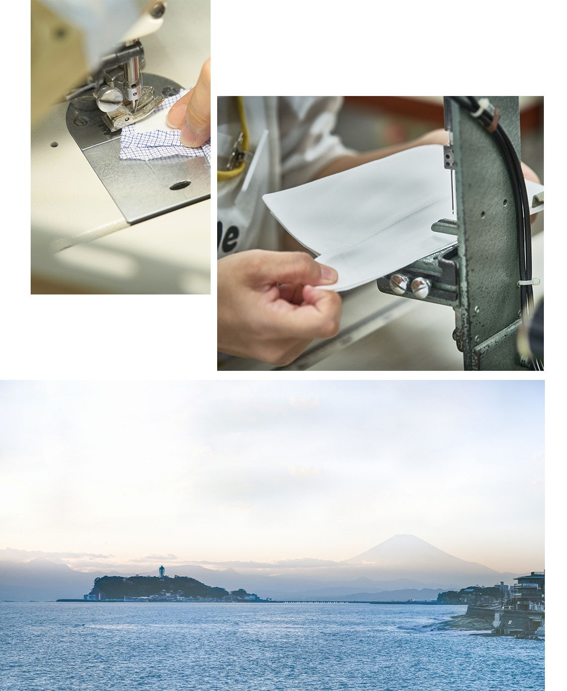 Sewing machine, hands inserting paper, view of a coastal landscape with mountains.