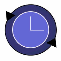 Clock icon with a circular design and abstract arrows.