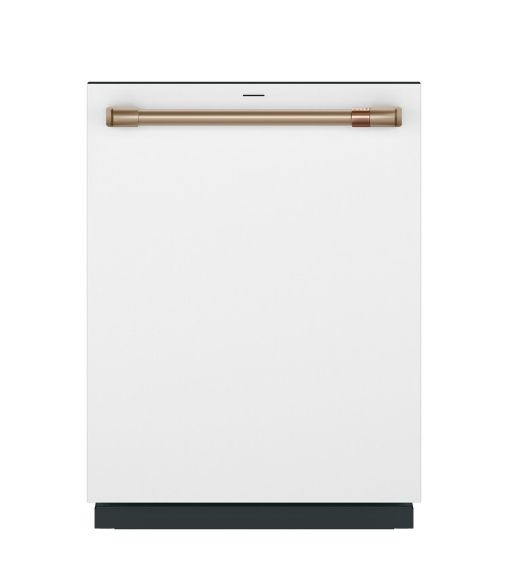 White dishwasher with a bronze handle and a sleek design.