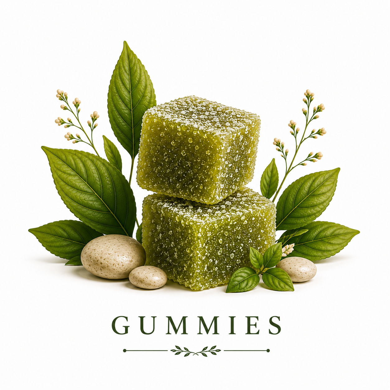 Green gummy candies surrounded by leaves and stones, labeled 
