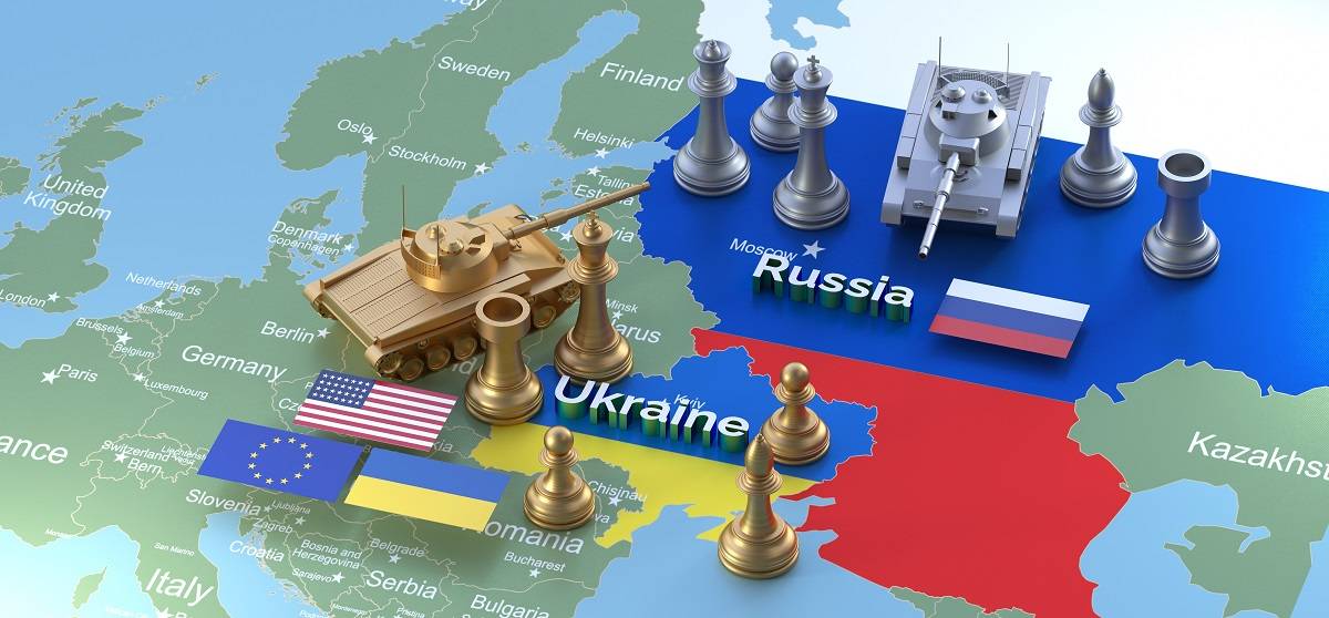 Russia Ukraine map with chess pieces and model tanks