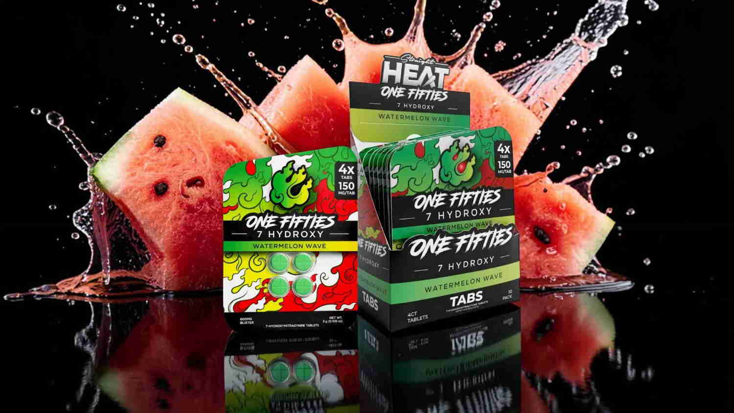 Energy drink boxes with watermelon slices and splashes on a dark background.