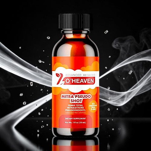Bottle of O'Heaven product with an orange label on a dark background.