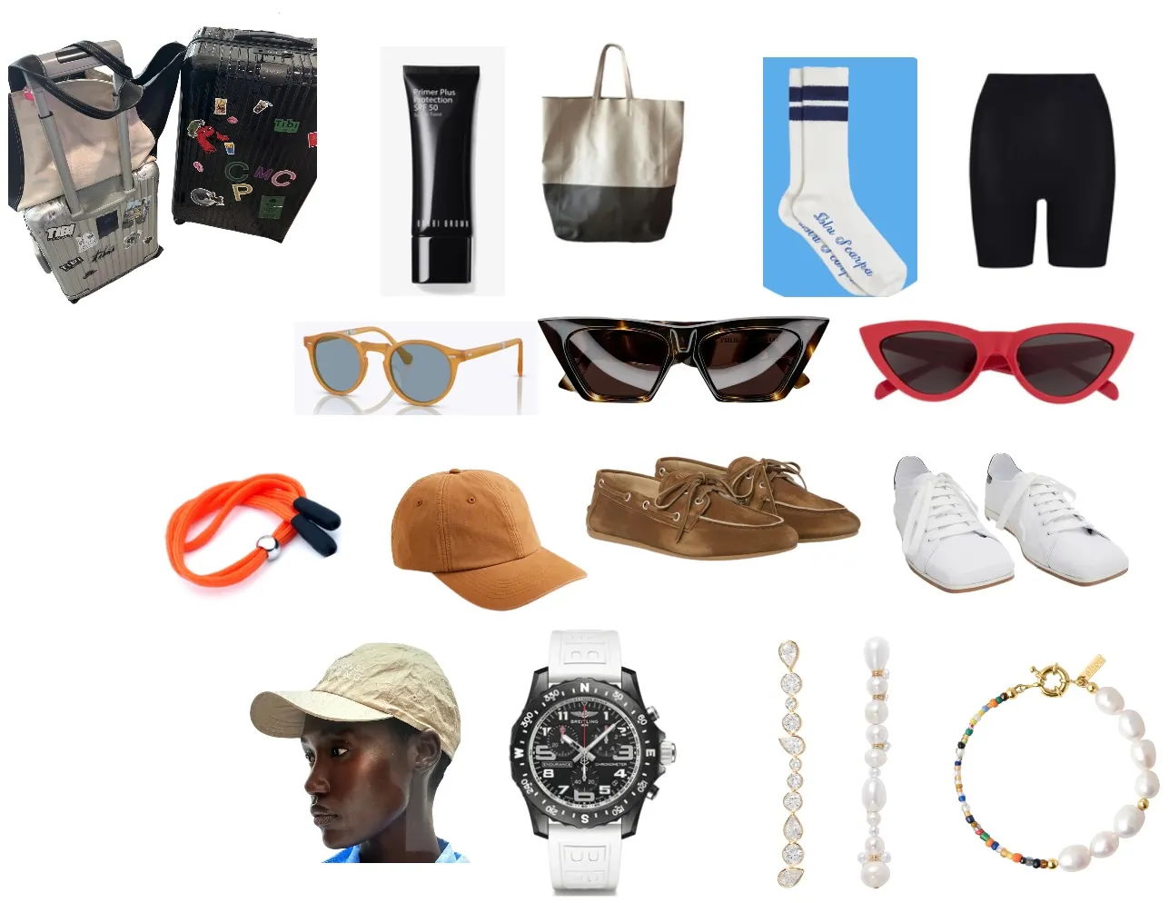 Assorted fashion items including bags, clothing, accessories, and footwear.