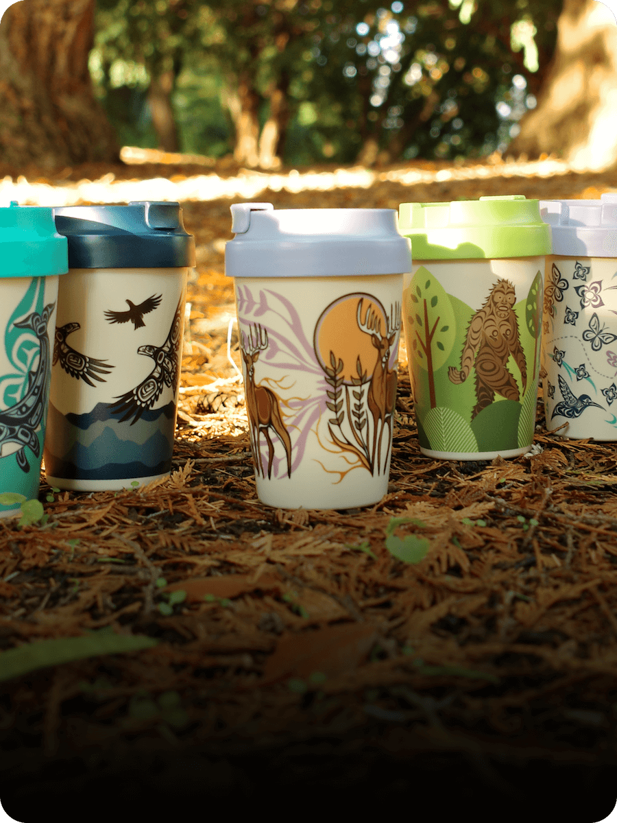 Eco travel mugs with Indigenous artwork — BPA-free dishwasher safe 15oz rPET material