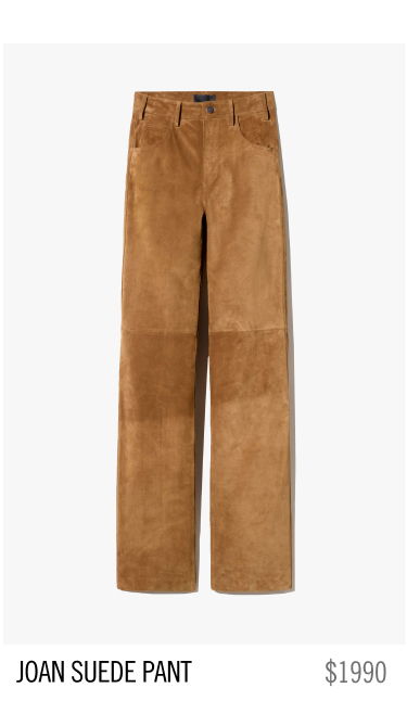 Brown suede pants displayed on a white background. Price: $1990.