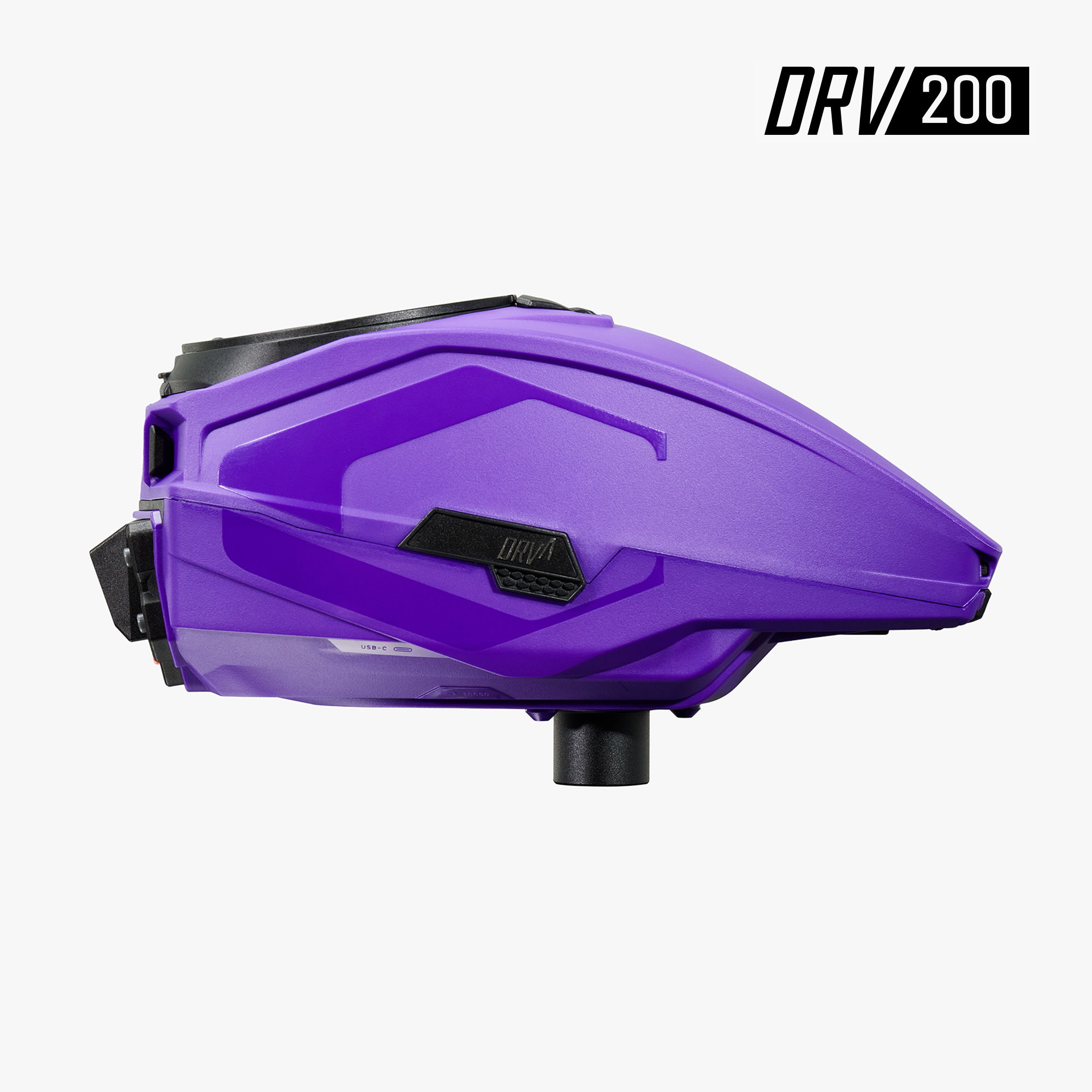 Purple paintball hopper with a sleek design. Model DRV200.