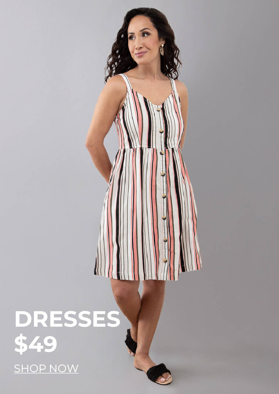 Woman in a striped dress, standing against a gray background with pricing details.