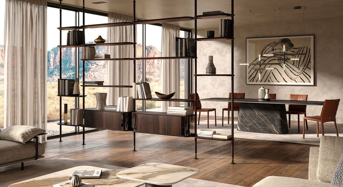 Modern Cattelan Italia living room with open shelving, dining area, and large windows.