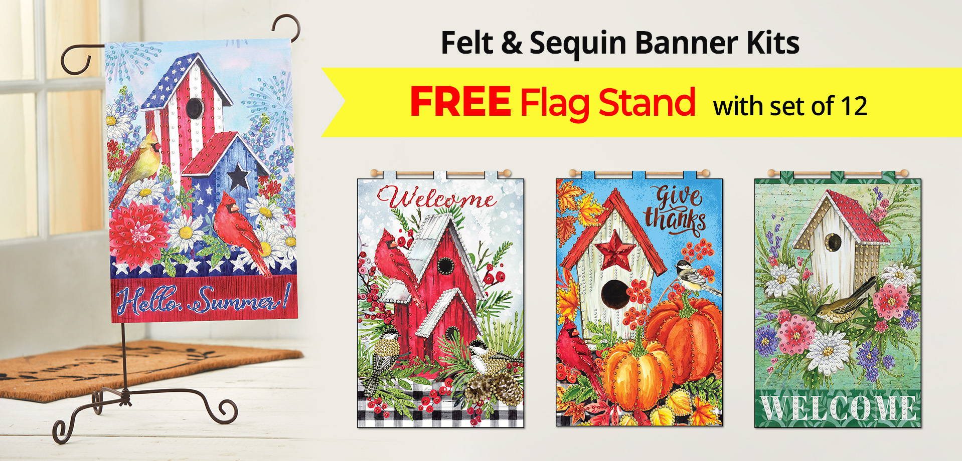 Text: Felt & Sequin Banner Kits come with Free Flag Stand with set of 12. Image: 4 Selections from Design Works Monthly Banners.