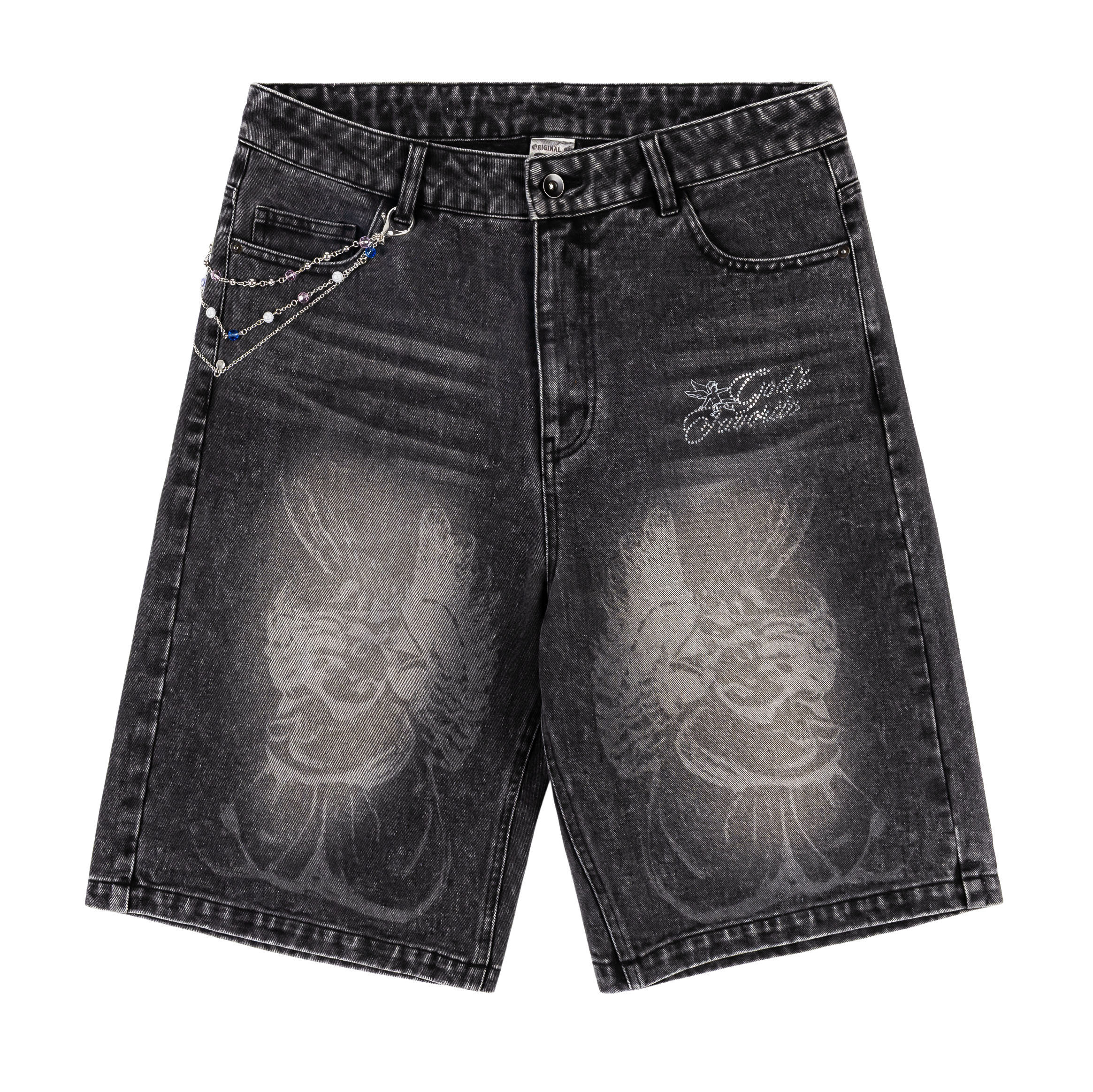Black denim shorts with graphic designs and a chain accessory.