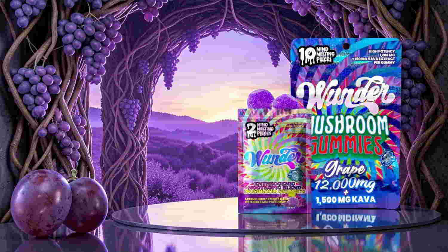 Colorful packaging of mushroom supplement against a scenic purple background with grapes.