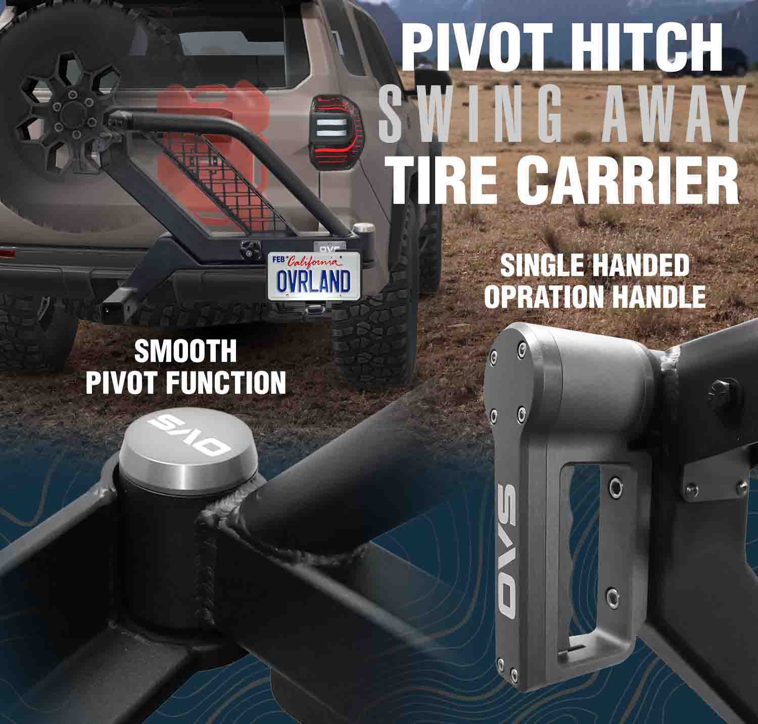 Pivot hitch swing-away tire carrier with smooth pivot function and single-handed operation handle.