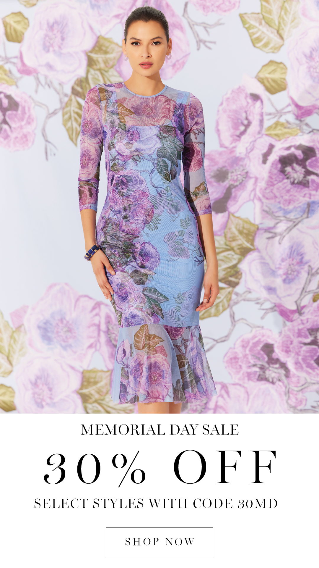 Model in floral dress promoting Memorial Day sale with discount information.