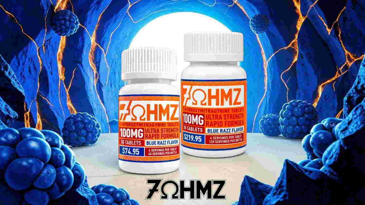 Bottles of 70HMZ supplements against a colorful background.