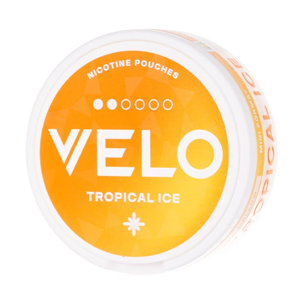 Container of Velo Tropical Ice nicotine pouches.