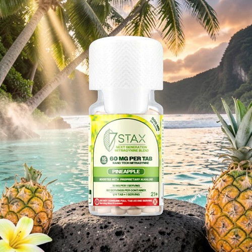 Bottle of 7STAX with tropical background, including pineapples and palm trees.
