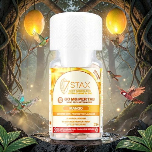 Bottle of STAX product surrounded by a mystical forest background.