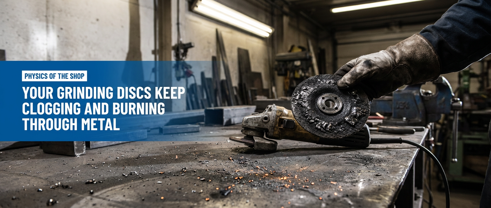 Frustrated metalworker holding a burned, clogged grinding disc next to an angle grinder on a steel workbench