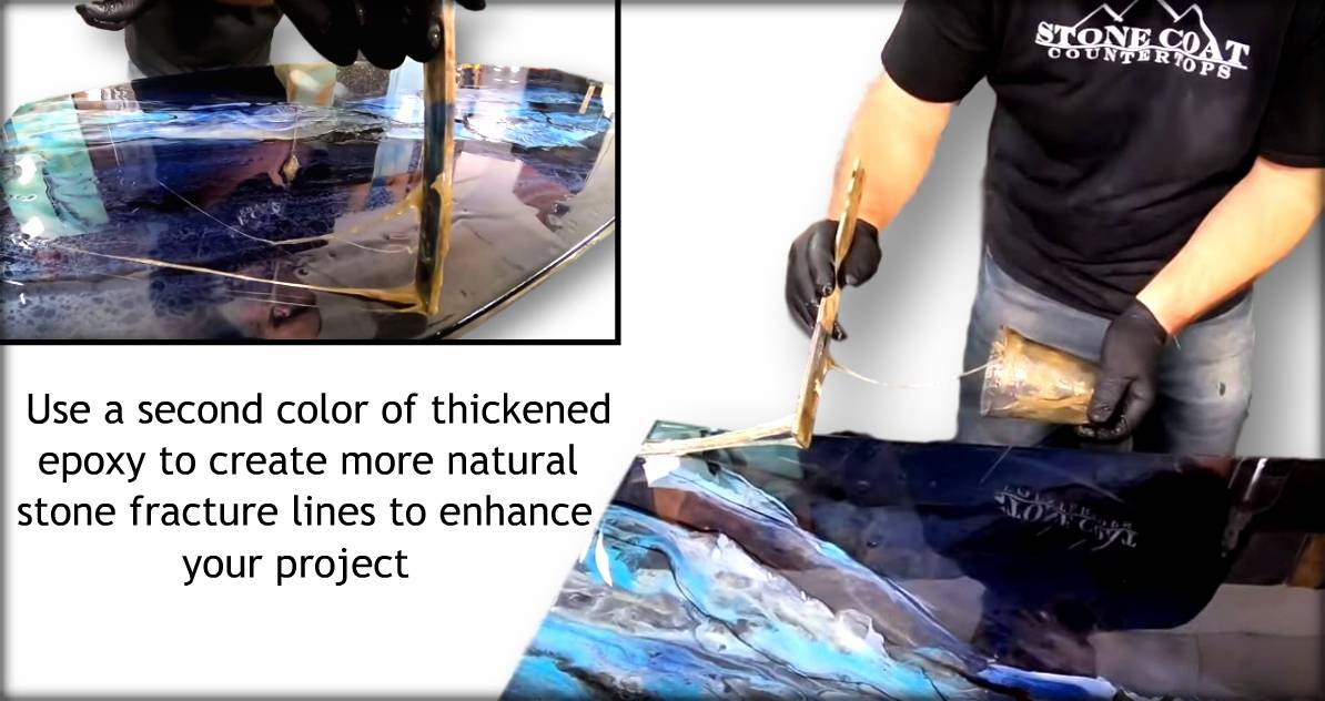 Utilize a second color of thickened epoxy to create natural stone fracture lines, enhancing your project.