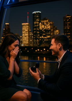 Romantic proposal inside Houston Downtown Aquarium Ferris wheel at night