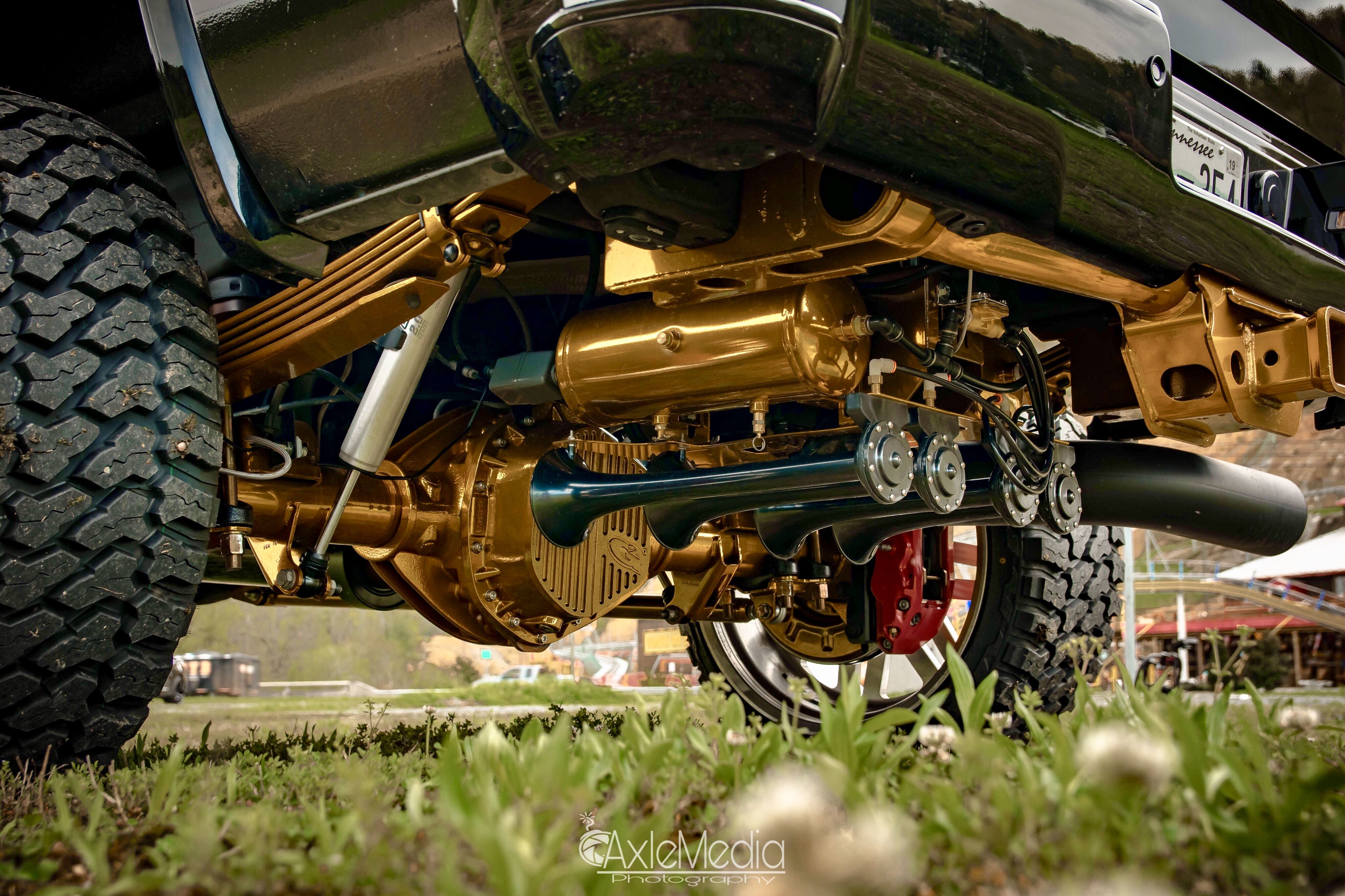 HornBlasters train horn kit installed under a vehicle