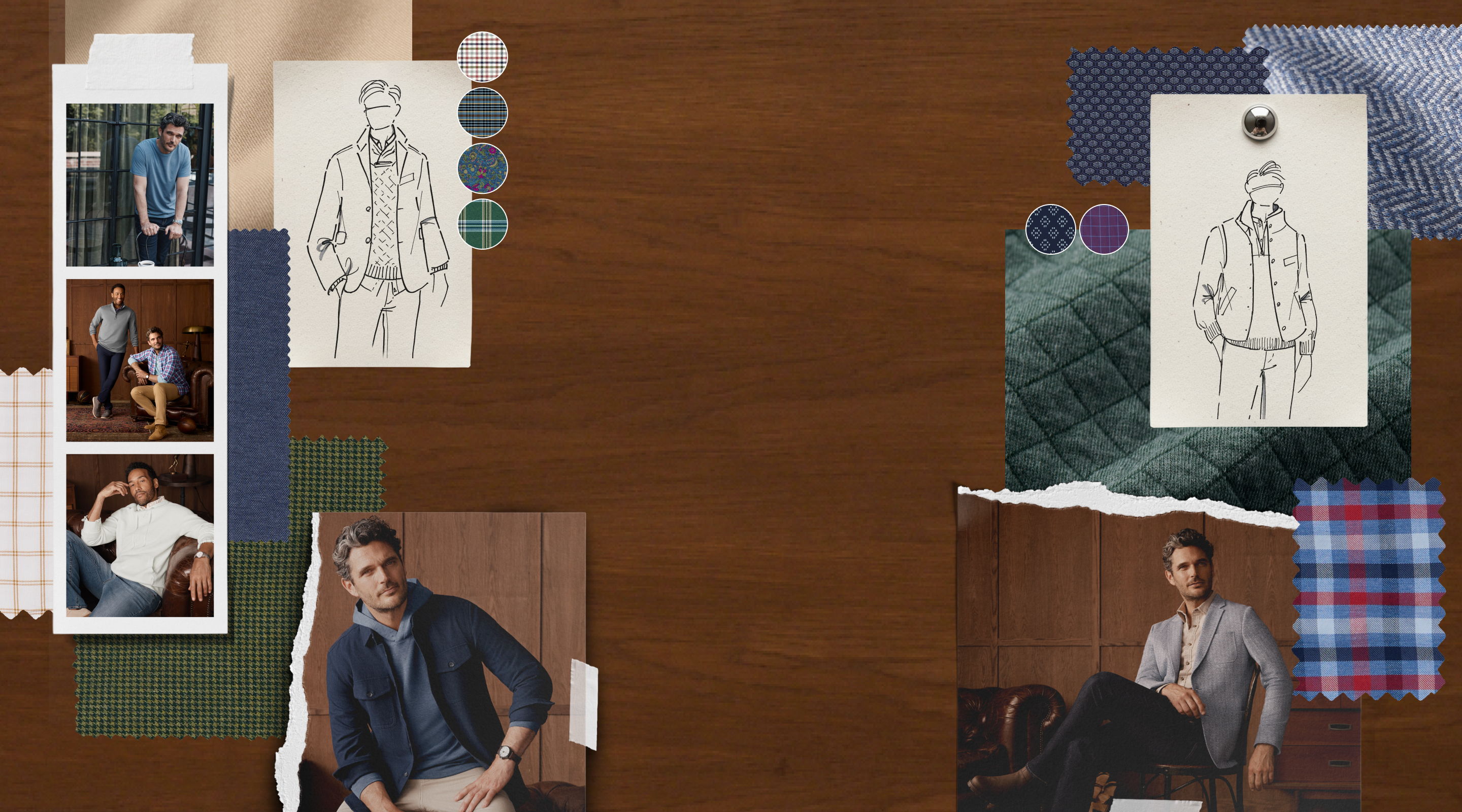 Collage of fashion sketches and photographs on a wooden background.