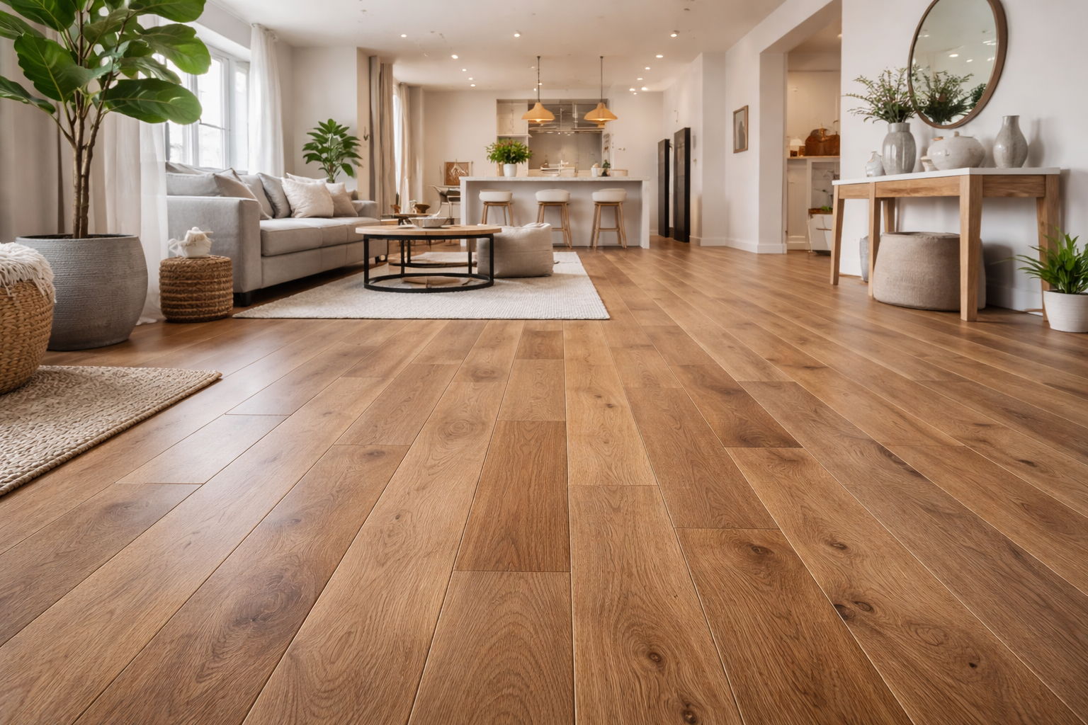 Modern living room with wooden flooring and stylish furniture.