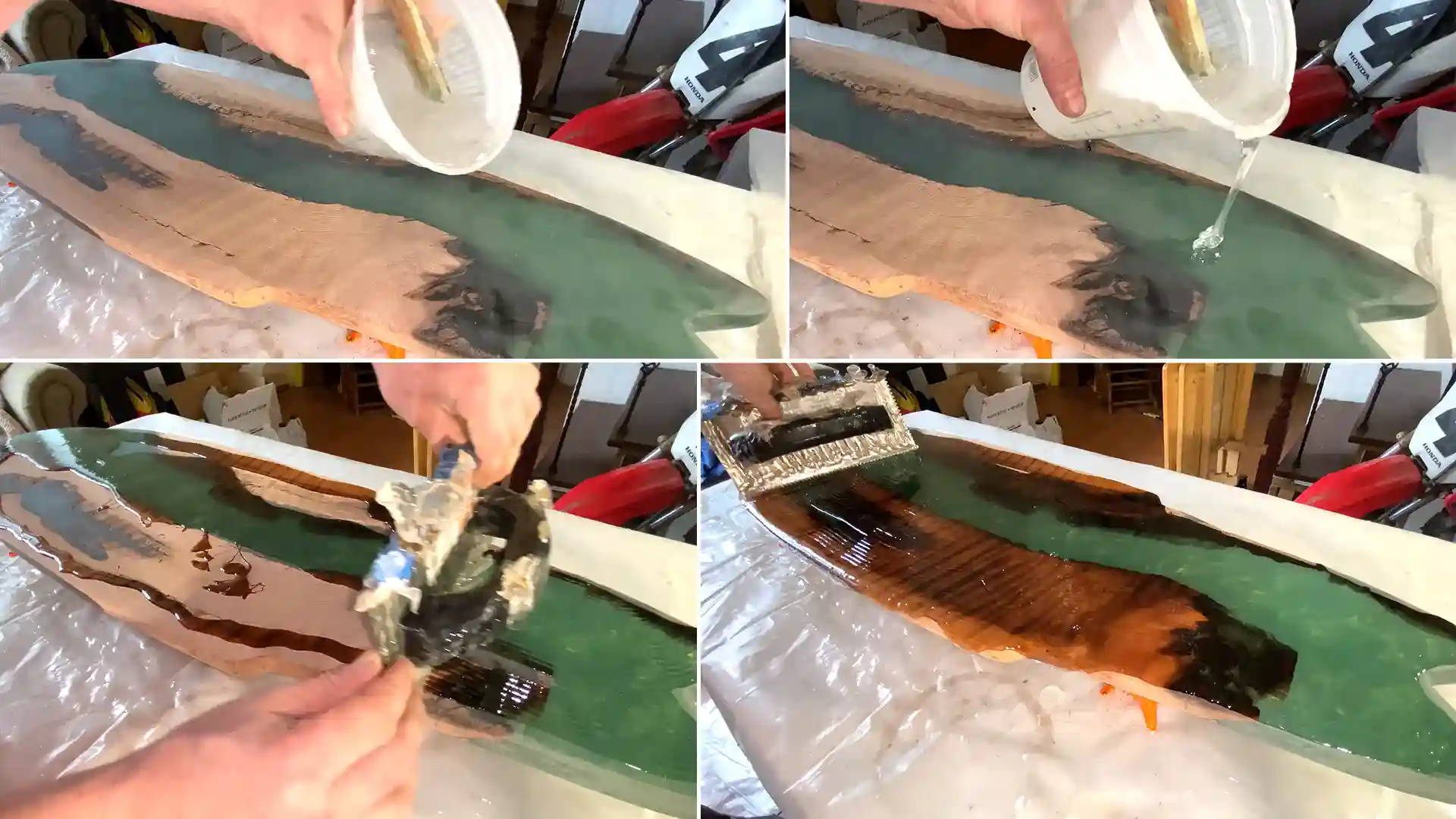 Prepare the clear coat by mixing 3 ounces per square foot of Stone Coat Countertop Epoxy at a 1:1 ratio using a drill and mixing paddle.